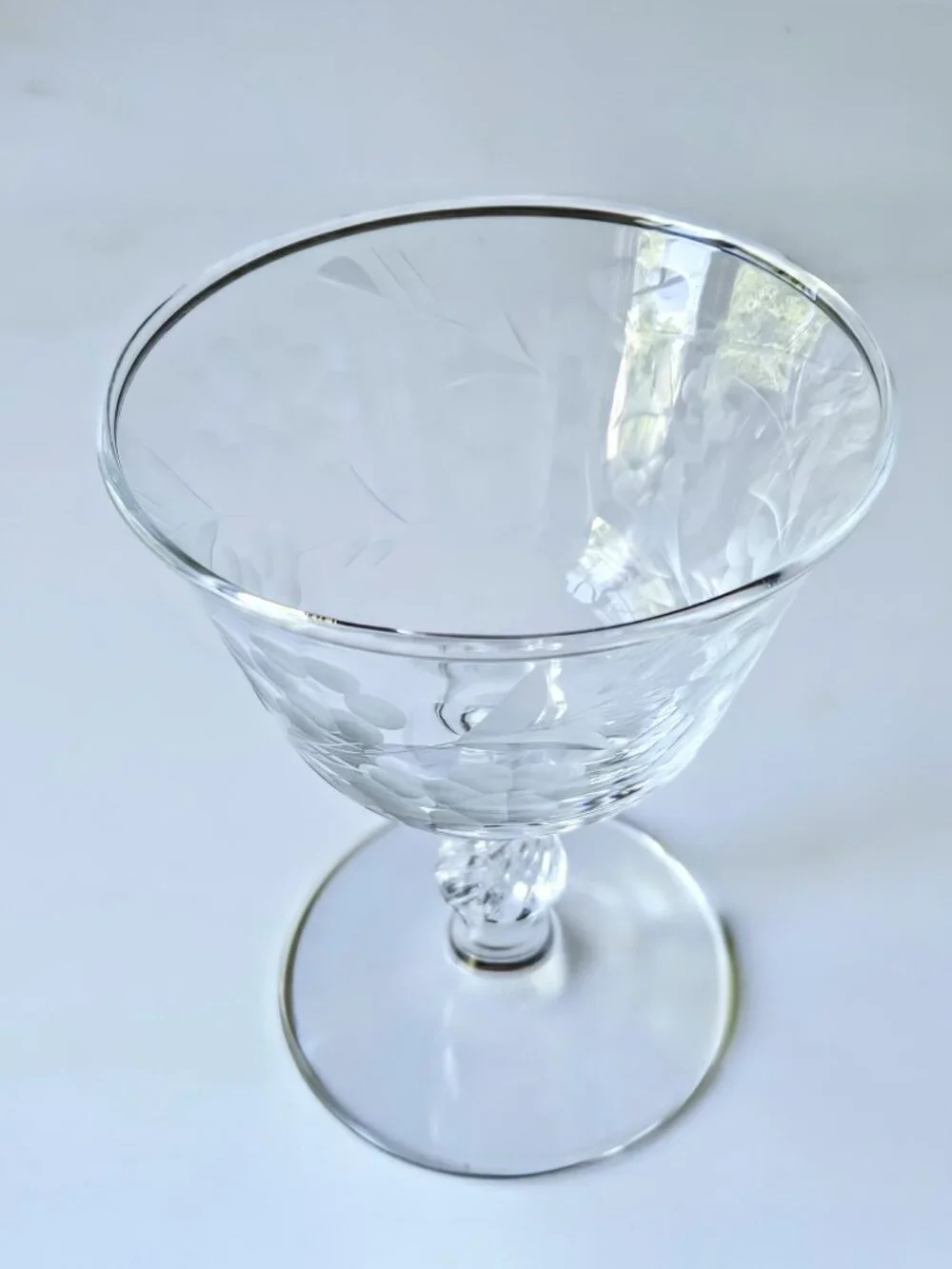 Set of 4 Etched Floral Fine Glass Coupes - Stemmed Baluster Twist